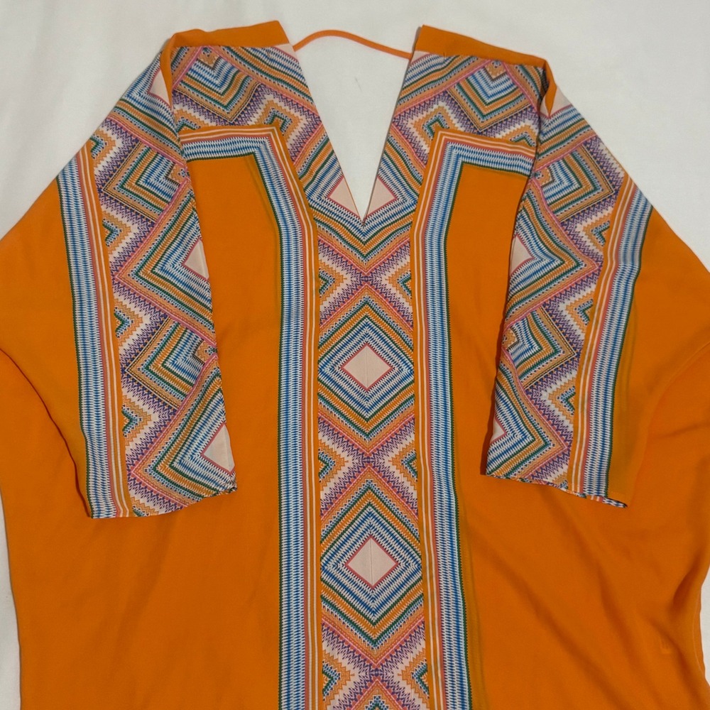 Rose + Olive Orange Geometric Print Batwing V-Neck Kaftan Blouse Top Womens Med